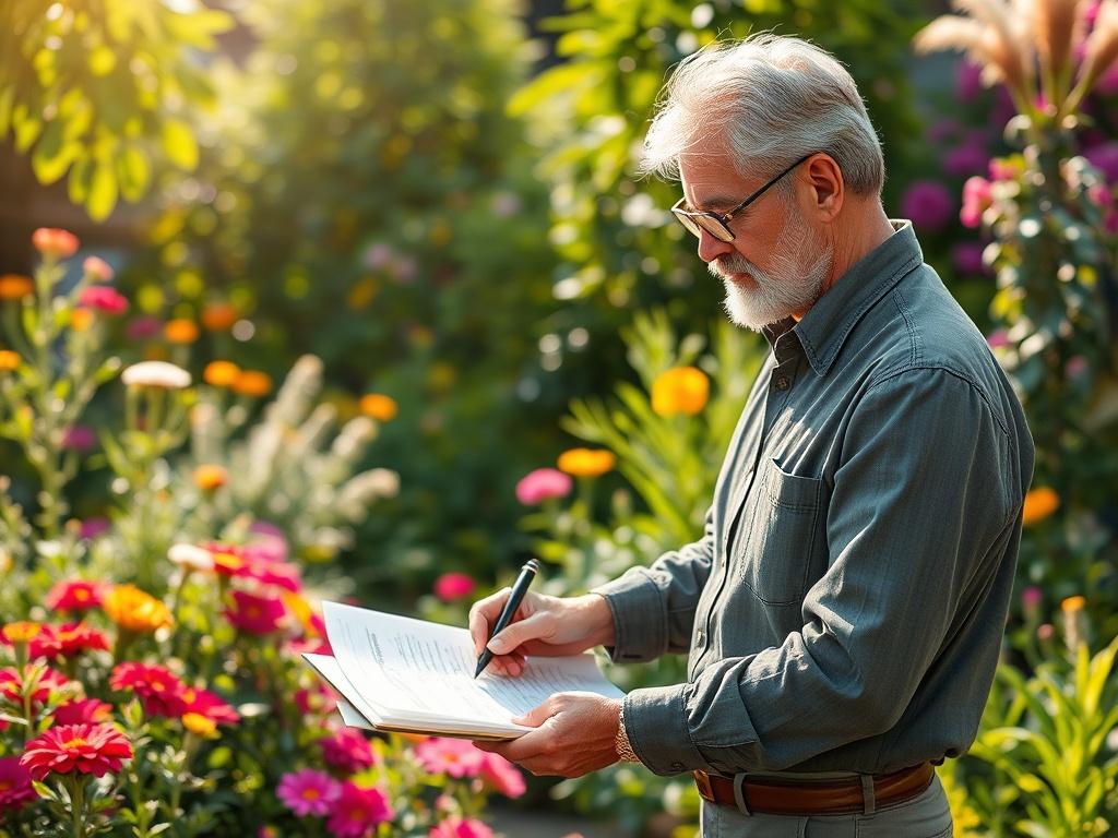 **AI Image Generation Prompt:**

Create a realistic high-resolution photo depicting a skilled landscape designer working in a lush garden environment. The image should focus on a single subject: a middle-aged landscape designer, dressed in a professional yet casual outfit, actively sketching a landscape plan on a notepad while surrounded by vibrant flowers and greenery. 

The background should illustrate a beautifully manicured garden with various plants, colorful blooms, and soft sunlight filtering through
