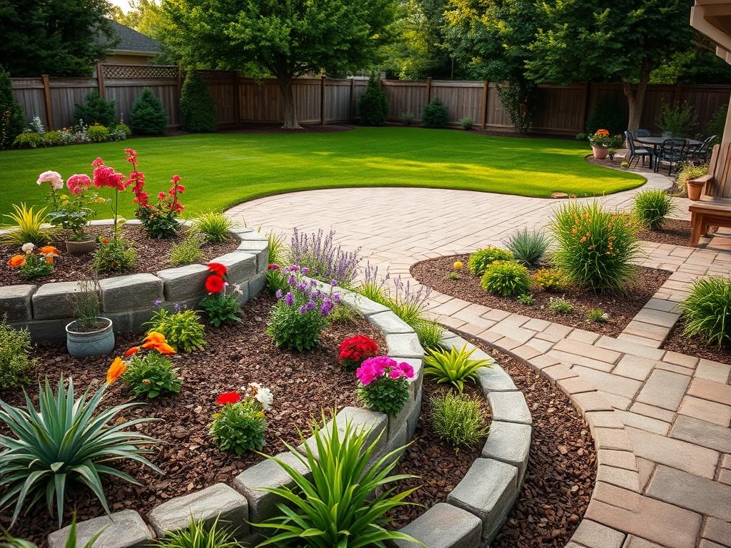 Create a realistic high-resolution photo that captures the essence of backyard landscaping ideas suitable for a variety of budgets. The composition should focus on a beautifully designed backyard, featuring a single subject: a creatively arranged outdoor garden space. Showcase a tiered garden area with colorful flowers, vibrant greenery, and well-placed mulch as a cost-effective DIY option in the foreground. In the mid-ground, include a stylish patio made from pavers, illustrating a mid-range landscaping so