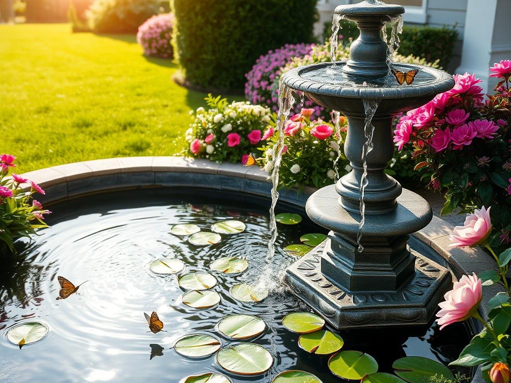 Create a realistic high-resolution photo of a tranquil garden scene featuring a beautiful water fountain as the central subject. The fountain should be elegantly designed, with crystal-clear water cascading down into a small, serene pond filled with lily pads. Surround the fountain with lush, vibrant greenery, including blooming flowers and carefully manicured shrubs that enhance the overall aesthetics. The soft sound of the flowing water should evoke a sense of relaxation, making the viewer feel calm and p