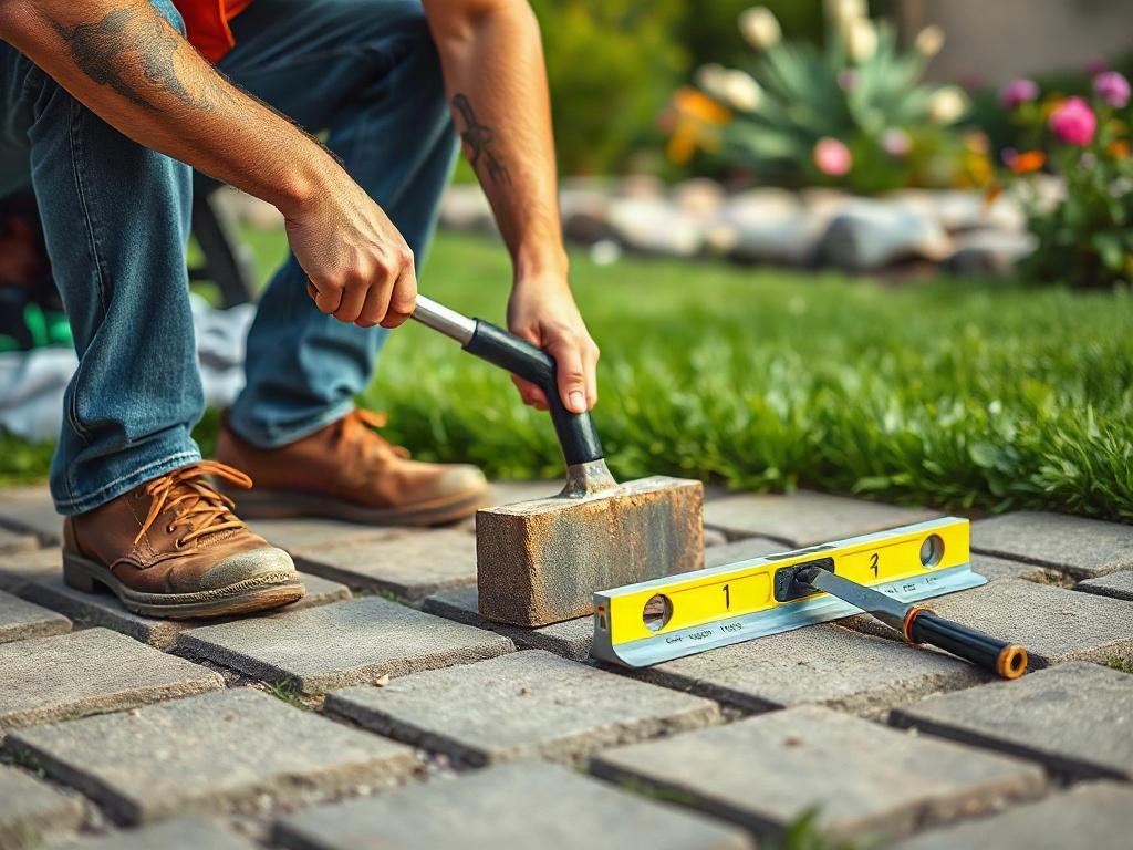 Create a realistic high-resolution photo of a skilled professional landscape contractor installing a paver patio. The focus should be on the contractor kneeling beside a partially laid paver patio, using a rubber mallet to adjust a paver stone, conveying expertise and precision. In the background, depict a well-maintained outdoor garden, with lush green grass and blooming flowers, to emphasize the professional touch. Ensure the scene highlights quality workmanship and attention to detail.

The composition s