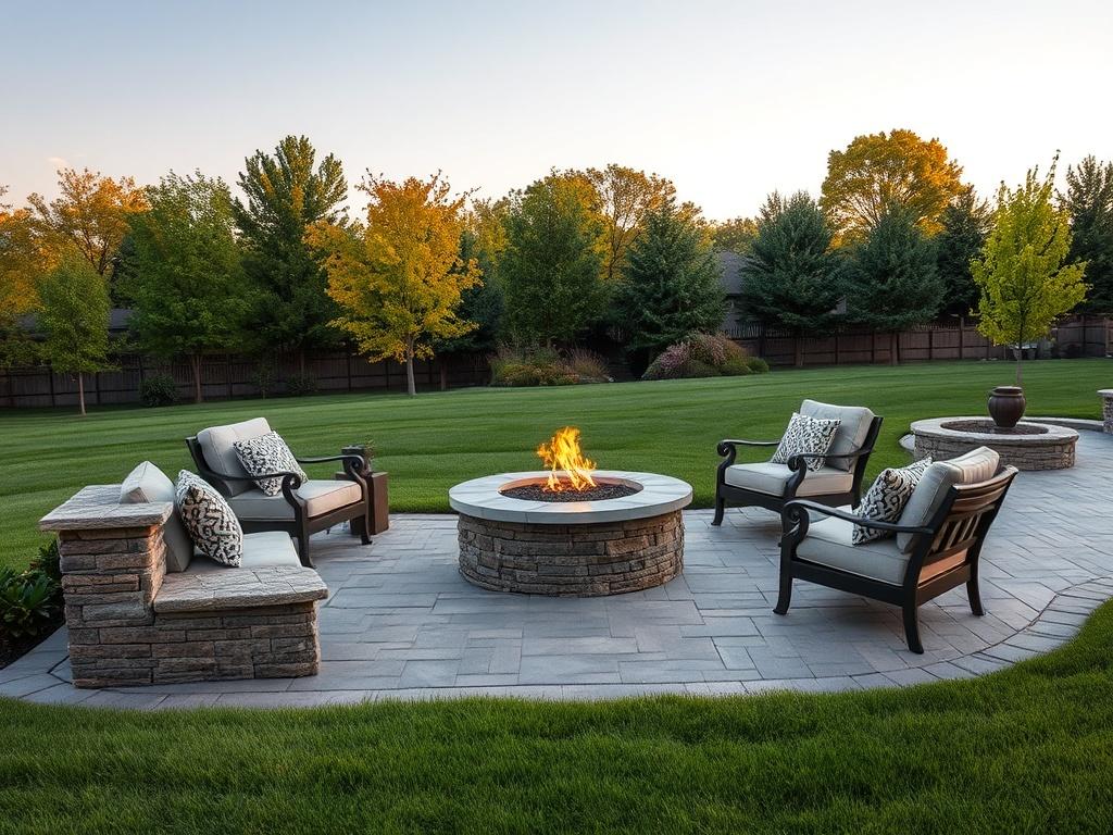 Create a realistic high-resolution photo of a beautifully designed hardscape patio that exemplifies the perfect outdoor living space for the Midwest region. The patio should feature durable, weather-resistant materials such as natural stone or brick, arranged in a simple and elegant pattern. Center the image on the patio, showcasing a cozy fire pit made of matching materials, with surrounding seating that invites relaxation. 

The background should consist of lush green grass and vibrant Midwest trees, indi
