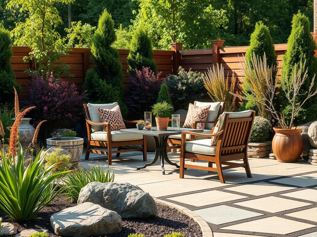 Create a realistic high-resolution photo that captures the essence of landscape design in Lima, OH. The image should feature a beautifully designed outdoor space that emphasizes thoughtful use of space beyond just greenery. 

**Composition Details:**
- Focus on a single subject: a meticulously curated outdoor seating area, showcasing a stylish patio with elegant furniture set against a backdrop of well-planned landscaping.
- The seating area should highlight comfortable chairs or a small table, inviting vie