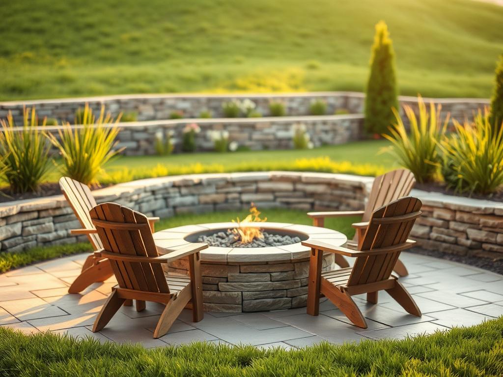 Create a realistic high-resolution photo that captures an inviting and functional outdoor living area designed for a Midwestern landscape. The composition should feature a beautifully constructed patio made of natural stone, surrounded by lush green grass that exemplifies a well-manicured garden. Ensure the focal subject is a cozy, modern fire pit at the center of the patio, surrounded by a few rustic wooden chairs, inviting for evening gatherings. 

In the background, incorporate a tastefully designed reta