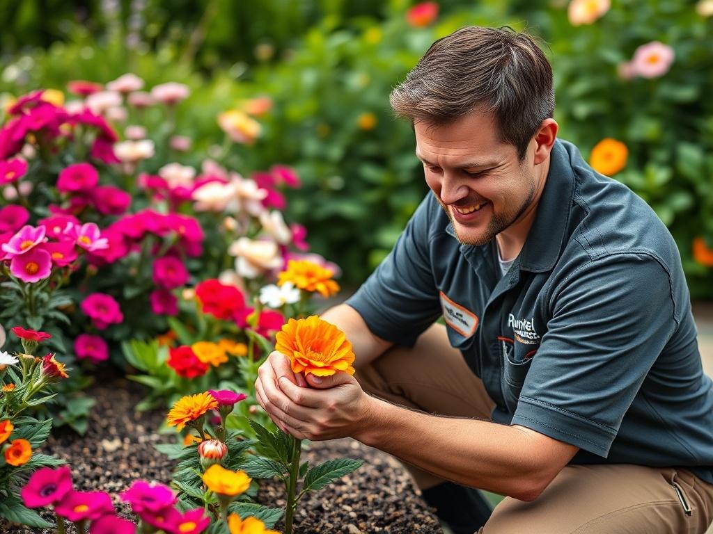Create a realistic high-resolution photo that captures the essence of Runkel Landscape Associates. The composition should feature a single, skilled landscaper engaged in a close-up action shot, showcasing them meticulously planting a vibrant flower. The subject should exemplify professionalism and passion for their craft, wearing a branded Runkel Landscape Associates shirt with a friendlier demeanor. 

In the background, include an array of lush greenery and blooming plants, emphasizing the harmonious blend