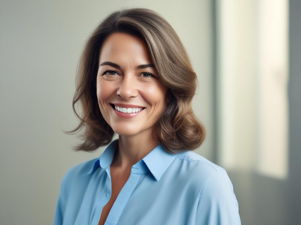A realistic high-resolution profile picture of a smiling middle-aged woman with shoulder-length hair, wearing a light blue blouse. The background is softly blurred to focus on her friendly expression. Her face reflects confidence and warmth, creating a welcoming impression. The image style is minimalistic with clean lines and simple colors, compatible with the primary color #136A5C.