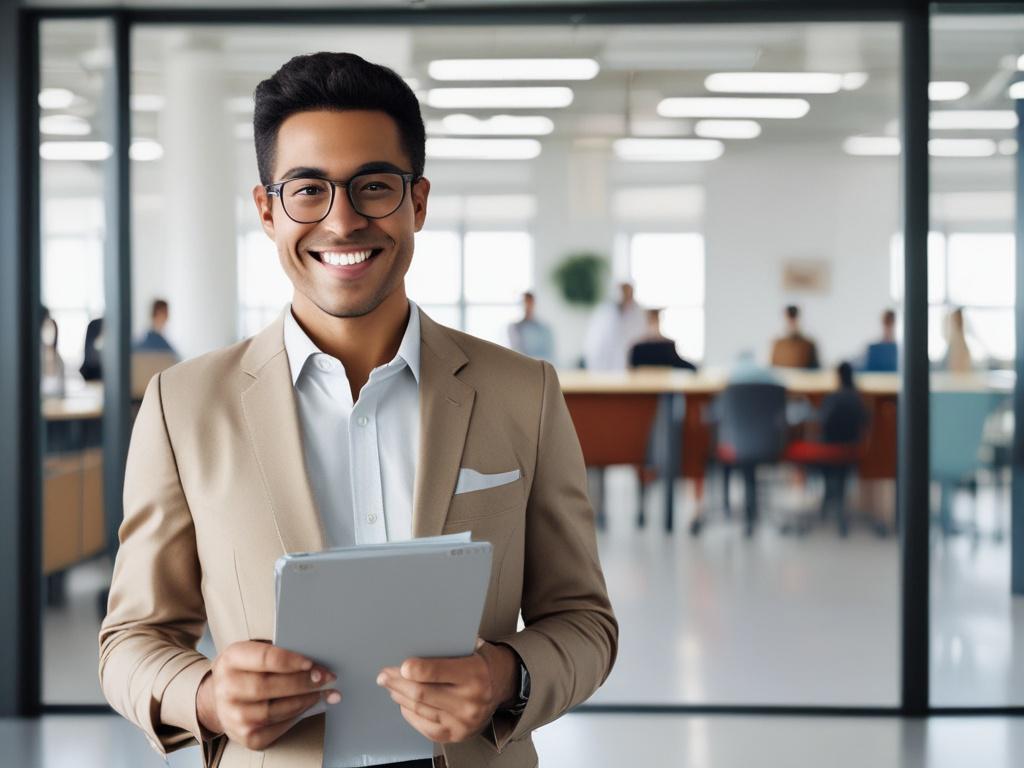 A realistic high-resolution photo of a friendly and approachable moving consultant holding a clipboard and smiling, standing in a minimalist office setting with clean lines and simple colors. The background should be softly blurred to emphasize the consultant, with a color palette that incorporates the primary color #136A5C. The overall composition should feel inviting and supportive, capturing the essence of assistance and guidance during a transition.