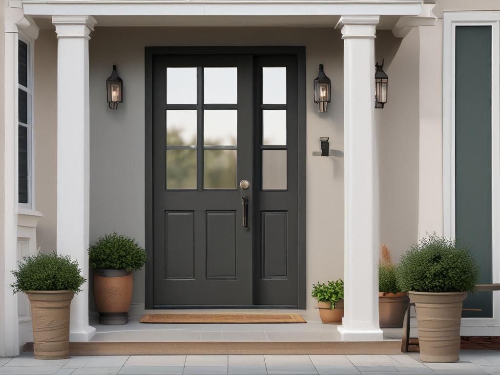 A clean, high-resolution image of a welcoming front door of a home, with natural light streaming in. The door should be painted in a soft, inviting color that complements the primary color #136A5C. The background should feature a simple, manicured garden with minimal distractions, emphasizing the warmth and simplicity of the home selling experience.