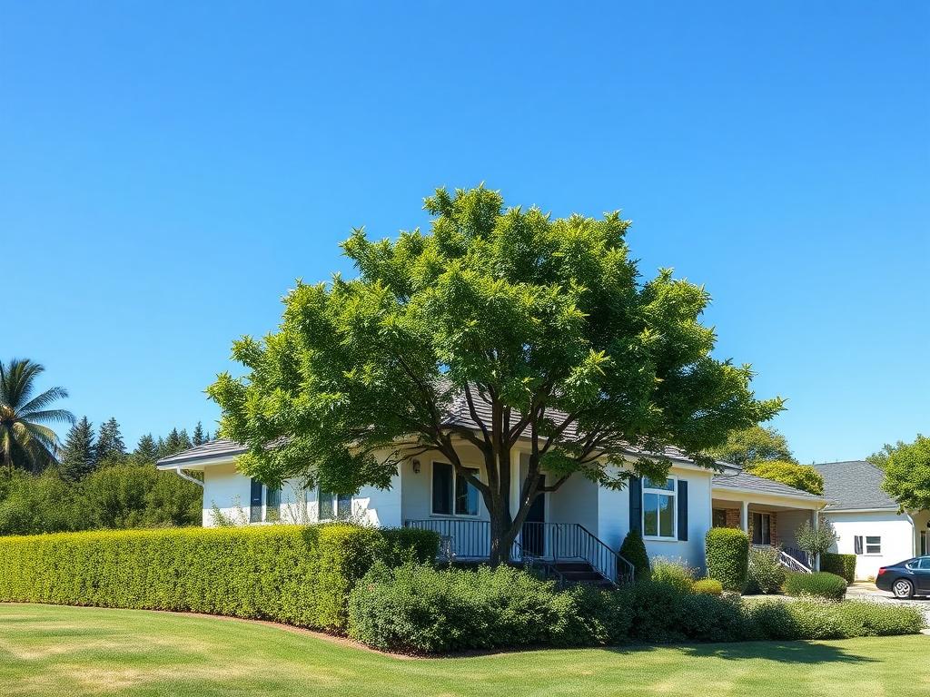 A high-resolution photo of a serene residential property, surrounded by greenery, showcasing a clear blue sky. The composition should be minimalistic, focusing solely on the property with clean lines and ample negative space. The colors should be simple and calming, reflecting an inviting atmosphere that embodies the concept of stress-free investment.