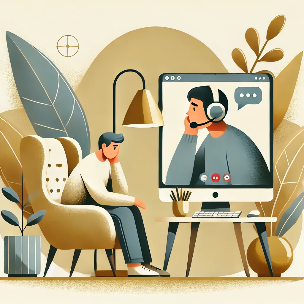 dall·e 2024-11-21 12.50.07 - an illustration of an online therapy session with a modern aesthetic. a person is sitting in an armchair, visibly distressed, while another person on .webp