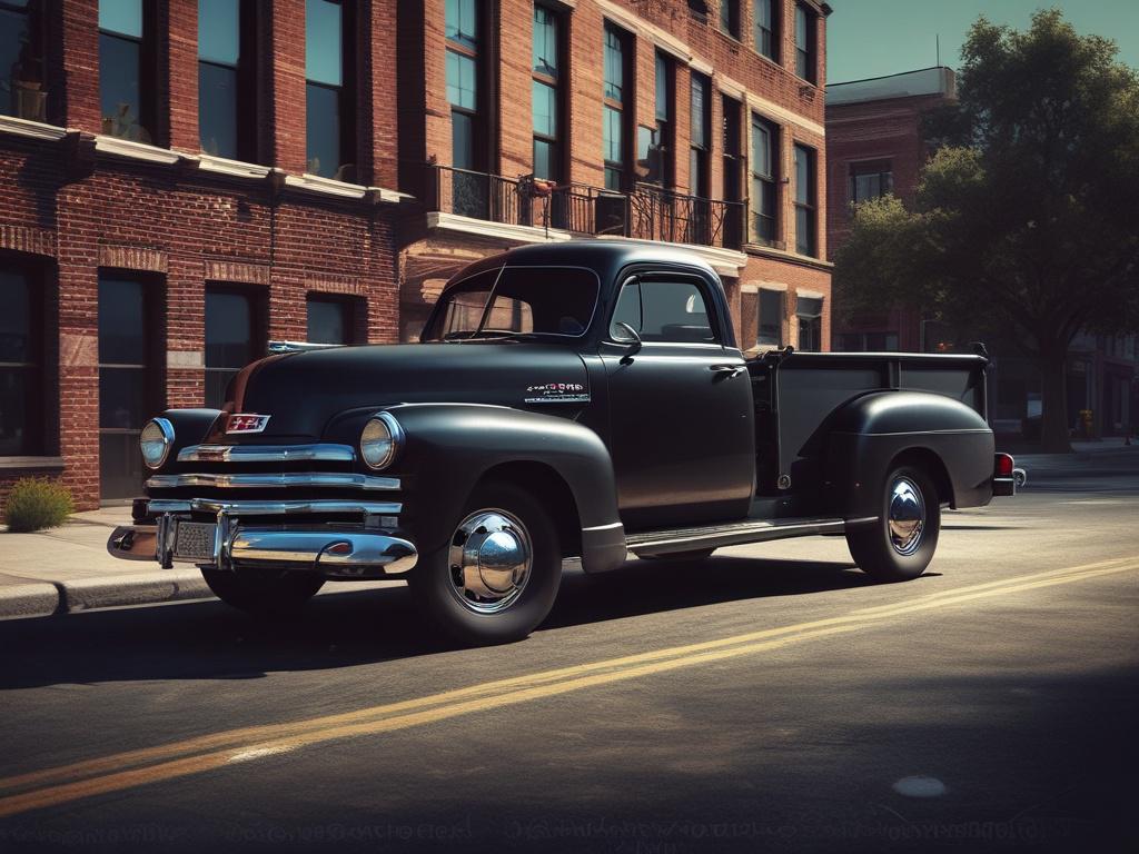 a flatbed tow truck parked on a dimly lit street,