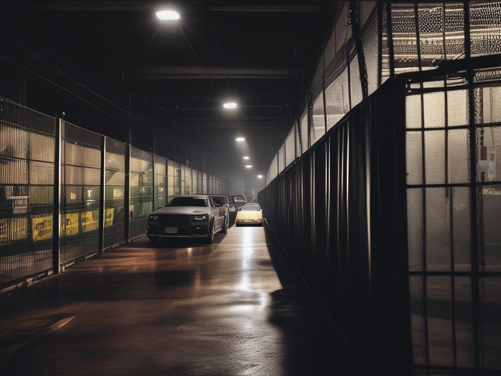 a fenced storage facility at night, illuminated with dramatic lighting,