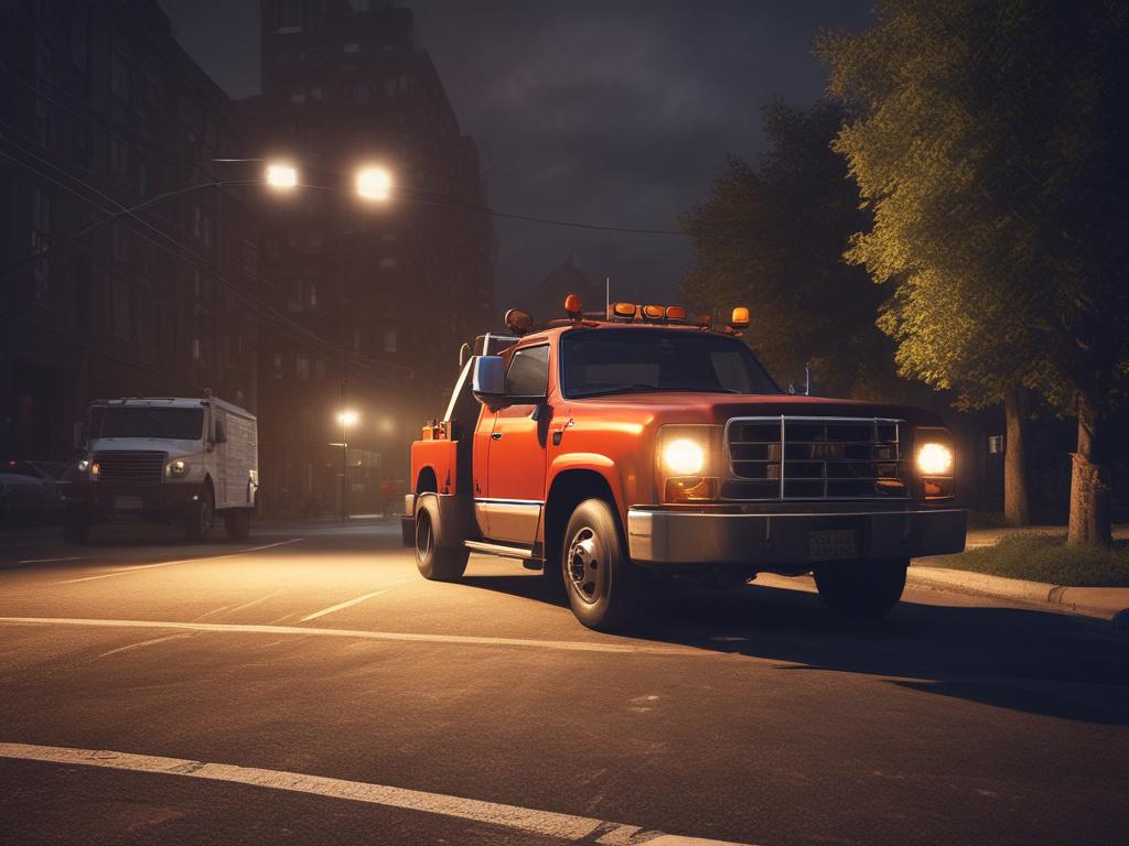 a tow truck in action, under dramatic lighting, with deep