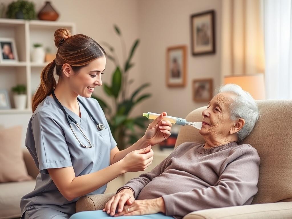 A caring nurse assisting a patient with a nasogastric (NG) tube feeding at home. The scene is warm and inviting, showcasing a cozy living room with soft lighting. The nurse, dressed in scrubs, is gently handling the NG tube while the patient, an elderly individual, appears relaxed and comfortable in a recliner. The background features a peaceful atmosphere with plants and family photos, emphasizing a caring and compassionate home environment.