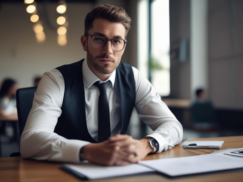 A high-resolution photo of a professional individual in a modern office setting, captured in a hyper-realistic style with a 45mm f/1.2 lens. The subject is in focus, showcasing confidence and approachability. The background features subtle elements of a professional workspace, like a desk and a computer, but remains blurred to emphasize the subject. The primary color theme is rgb(155, 2, 2), enhancing the overall depth and warmth of the image.