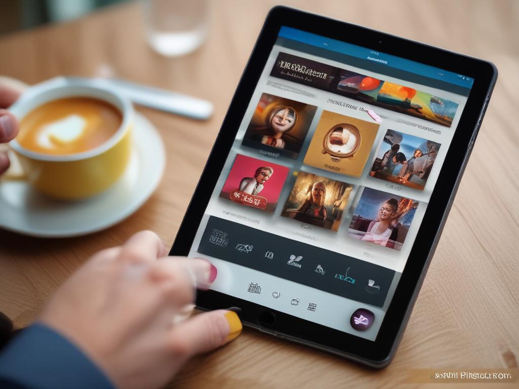 A close-up of a tablet displaying engaging digital content, such as interactive polls or quizzes. The setting should be vibrant and inviting, with elements that suggest user interactivity, such as hand gestures or user icons. The background should be bright and lively, reflecting an engaging online environment. The composition should emphasize the tablet and its content, showcasing the effectiveness of engagement optimization, shot with a 45mm f/1.2 lens style.