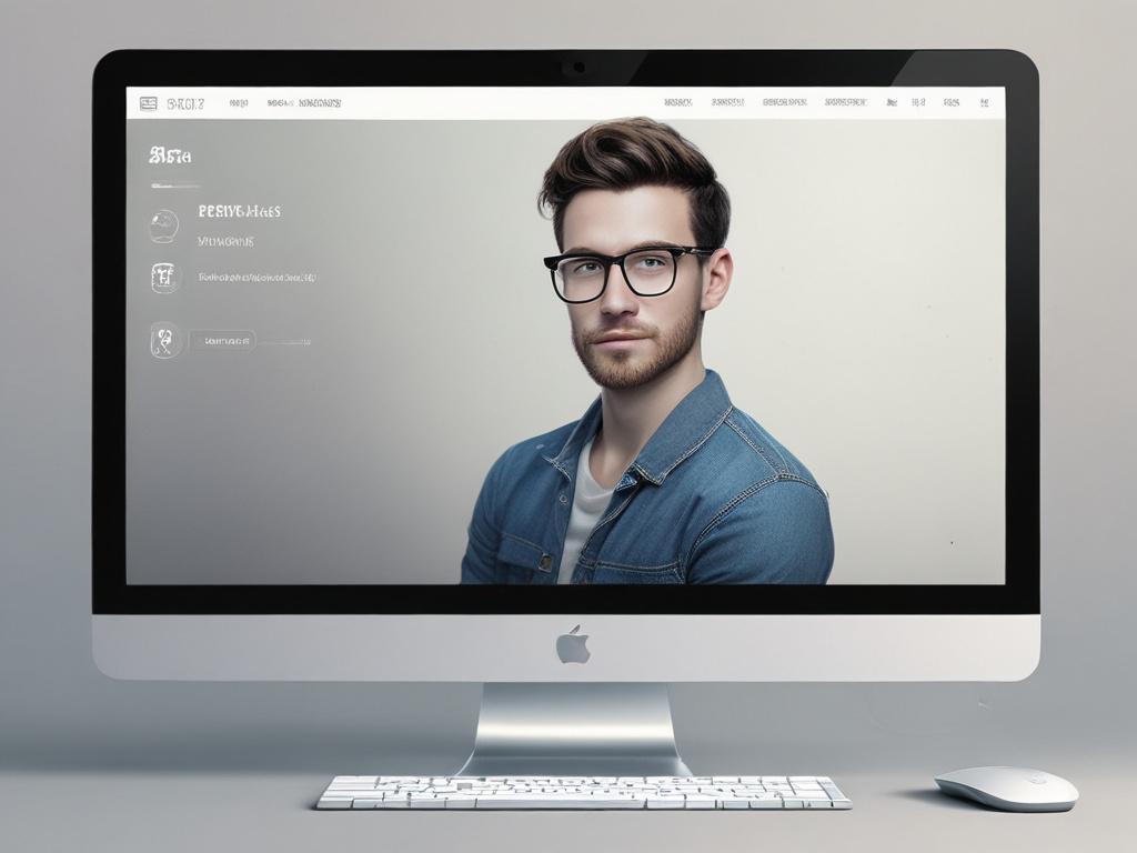 A close-up shot of a stylish laptop displaying a beautifully redesigned personal profile webpage, featuring a professional profile image. The background should be minimalistic and soft, highlighting the vibrant colors of the webpage. The composition should focus on the laptop, capturing the details of the webpage design. The image should evoke a sense of professionalism and modernity, shot with a 45mm f/1.2 lens style.