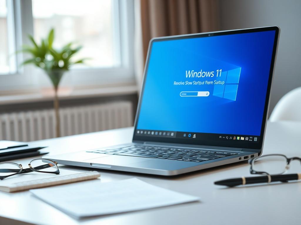Create a realistic high-resolution photo focusing on a modern, sleek laptop open and displaying the Windows 11 startup screen with a progress bar indicating loading. The laptop should be positioned on a clean, minimalistic workspace desk, complemented by a few well-organized accessories like a notepad, a pair of glasses, and a stylish pen, which conveys an atmosphere of productivity and focus. 

In the background, subtly include a blurred plant to add a touch of nature, while maintaining focus on the laptop