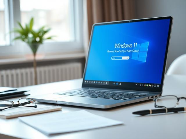Create a realistic high-resolution photo focusing on a modern, sleek laptop open and displaying the Windows 11 startup screen with a progress bar indicating loading. The laptop should be positioned on a clean, minimalistic workspace desk, complemented by a few well-organized accessories like a notepad, a pair of glasses, and a stylish pen, which conveys an atmosphere of productivity and focus. 

In the background, subtly include a blurred plant to add a touch of nature, while maintaining focus on the laptop