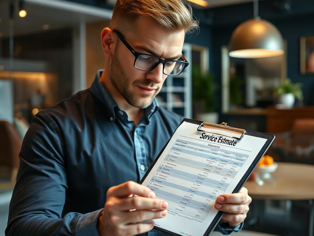 A professional looking at a detailed service estimate on a clipboard, with focus on the clipboard and the person’s thoughtful expression. The background should be a stylish office with modern decor.