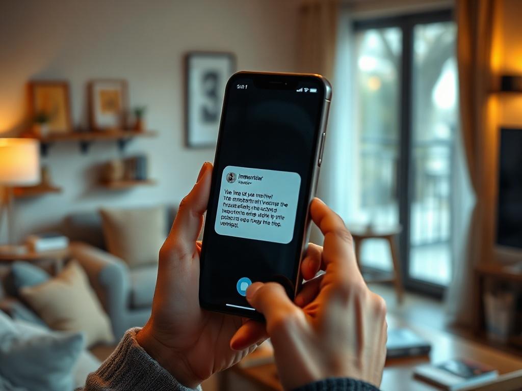 An individual holding a smartphone displaying SMS notifications. The phone screen shows a message from Imperial Veneer, with a friendly tone. The background should be a cozy living room setting.