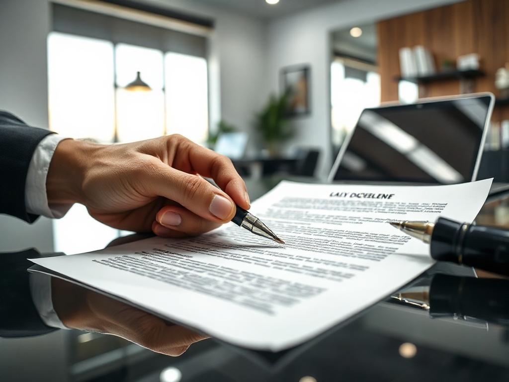 A close-up image of a legal document being reviewed, with a hand holding a pen and highlighting text. The document is visible with details blurred, and a calm office setting in the background, featuring a desk with a laptop and modern decor.