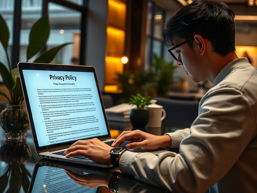 A person reading a privacy policy document on a laptop, with the screen focused on keywords related to data security. The background should be an elegant workspace with plants and modern lighting.