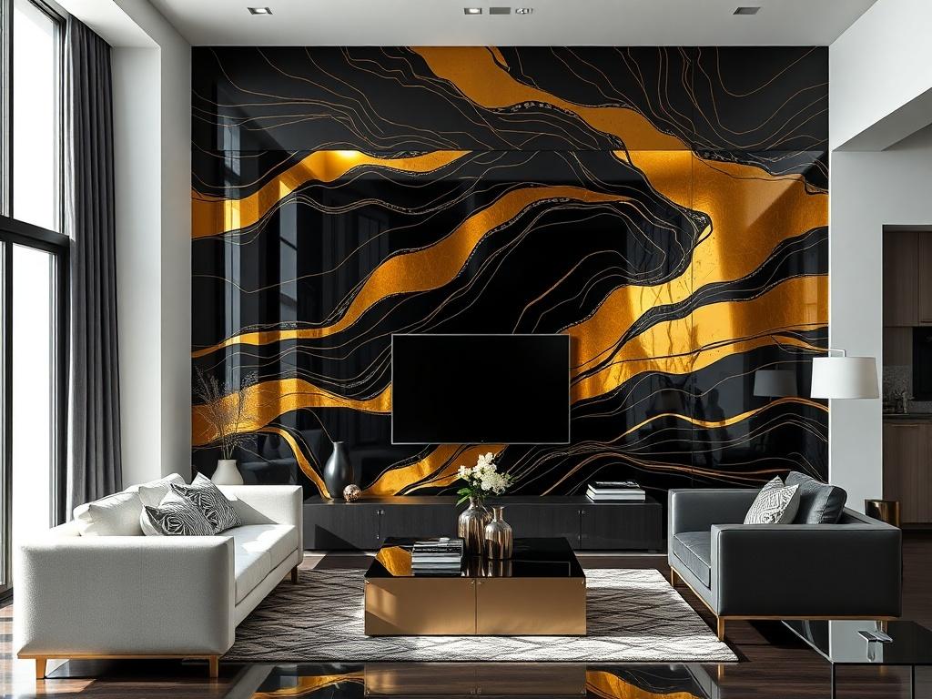 A hyper-realistic high-resolution photo of an epoxy accent wall in a modern living room. The wall features a bold black and gold design with a glossy finish that catches the light. The room is tastefully decorated with contemporary furniture, showcasing the wall's stunning impact on the overall aesthetic.