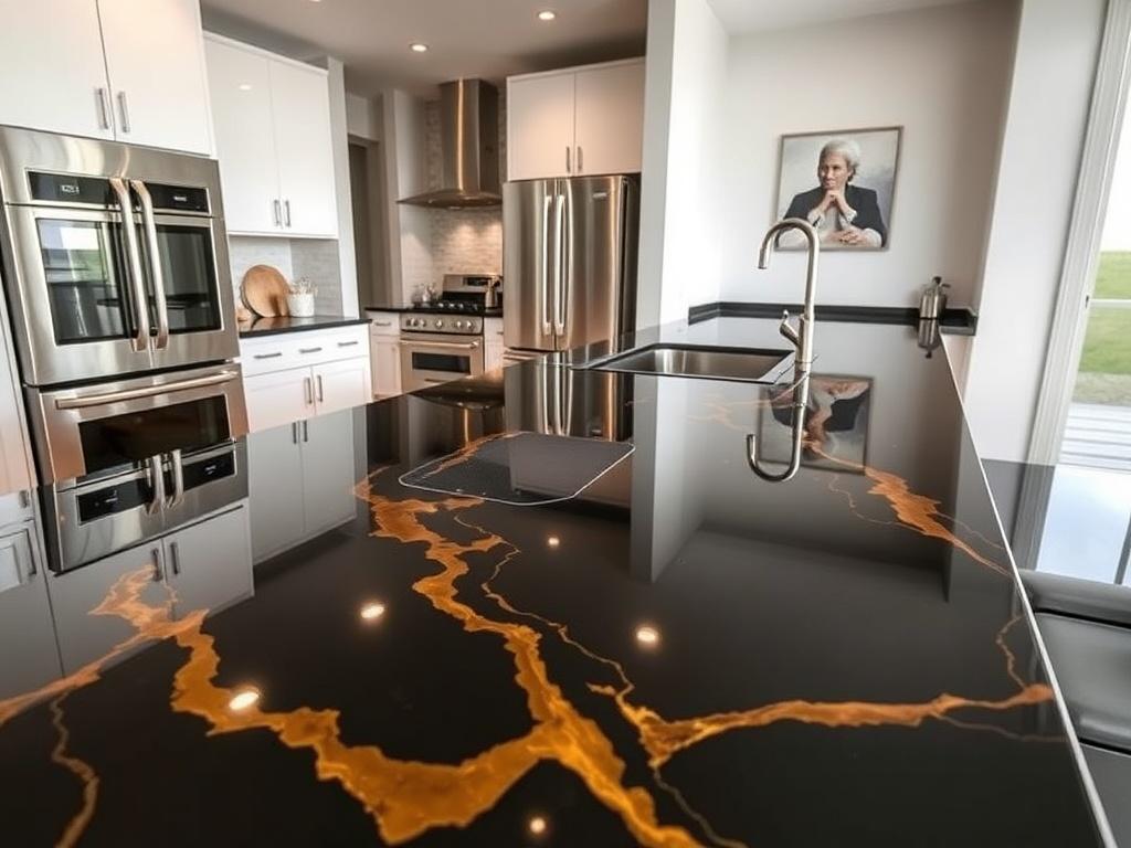 A high-resolution photo of a custom epoxy countertop in a modern kitchen setting. The countertop features a luxurious black and gold epoxy design with a glossy, reflective surface. The kitchen is bright and contemporary, with stainless steel appliances and minimalistic decor that complements the countertop's elegance.