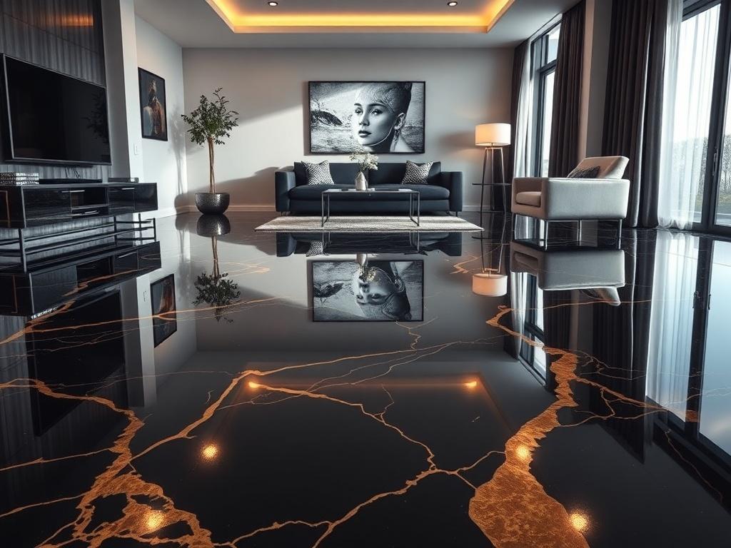 A hyper-realistic high-resolution photo of a custom epoxy floor in a modern residential living room. The floor features a glossy black and gold design with luminous highlights, reflecting light beautifully. The room is elegantly furnished with minimalistic decor, showcasing the floor's shine and quality. Soft natural light streams in through large windows, enhancing the luxurious atmosphere.