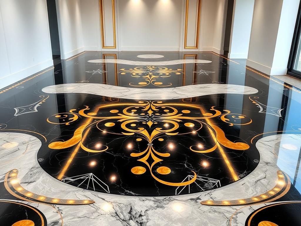 A hyper-realistic high-resolution photo showcasing a luxurious epoxy floor with mirror-like reflections and ultra-shiny surfaces. The floor features intricate black and gold designs that emphasize elegance. RGB and LED lighting subtly highlights the seamless transitions and artistic patterns. The background is a minimalist, modern interior space that complements the sophisticated design, enhancing the overall aesthetic appeal.