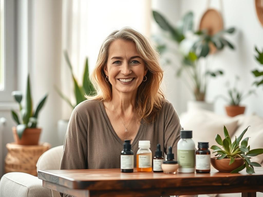 A serene scene featuring a middle-aged woman with glowing skin and vibrant hair, radiating confidence and health. She sits in a softly lit room adorned with plants and natural textures, reflecting a peaceful atmosphere. The background is blurred to emphasize her youthful appearance and the natural beauty products arranged on a wooden table beside her, showcasing an essence of holistic wellness.