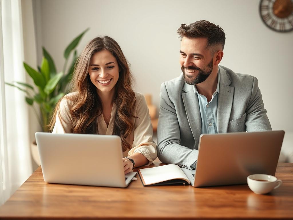 A serene wellness scene in a cozy, softly lit room, featuring a businesswoman and businessman engaged in a friendly discussion. They sit at a wooden table with a notebook and a laptop open in front of them. The businesswoman, dressed in a light-colored blouse, has long, flowing hair and a warm smile, while the businessman, wearing a light blazer, leans forward with interest. The background showcases soft plants and calming decor, creating an inviting atmosphere.