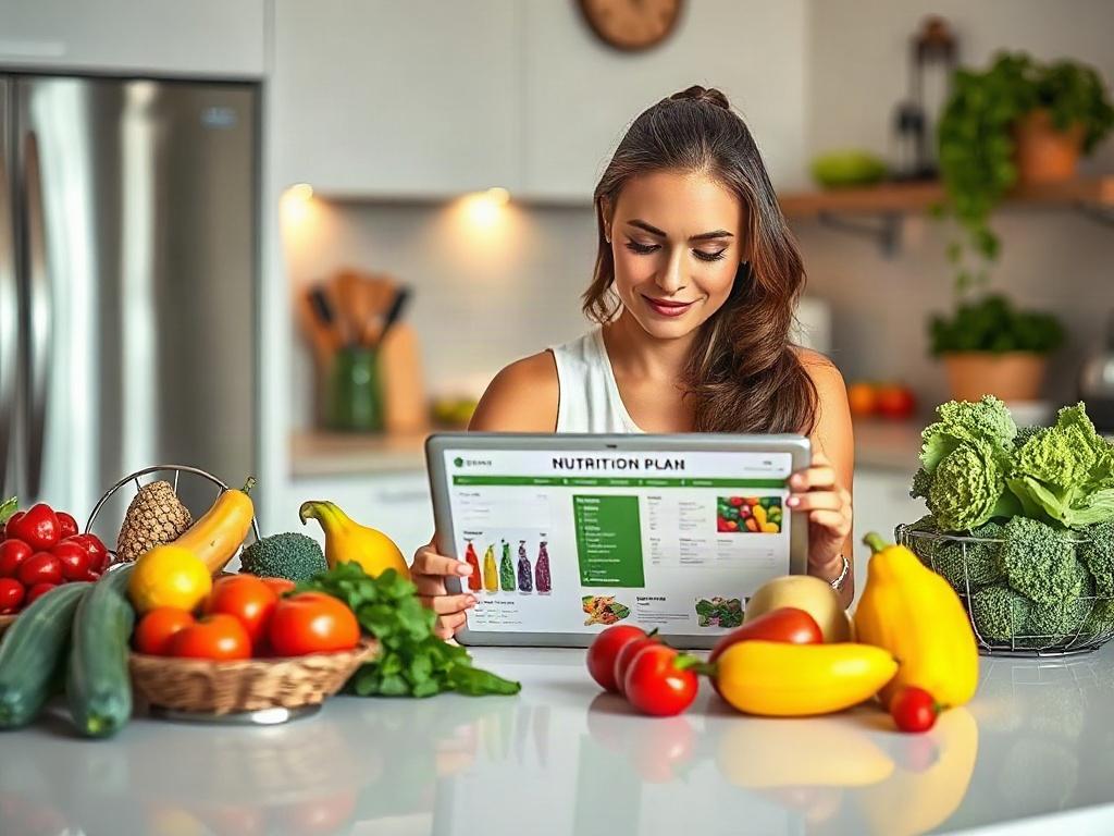 A realistic high-resolution photo of a confident woman sitting at a kitchen table, analyzing a personalized nutrition plan on a tablet, surrounded by fresh fruits and vegetables. The background is bright and inviting, featuring a modern kitchen with sleek appliances. The woman has a focused expression, embodying health and wellness, with glossy surfaces reflecting light.