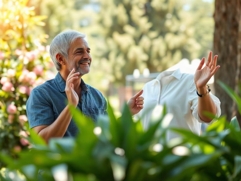 A high-resolution photo of a lifestyle coach engaging with a client in an outdoor setting, surrounded by greenery. The coach is demonstrating a relaxation technique, and both individuals exhibit a sense of calm and focus. The background is bright and natural, with luminous highlights reflecting off the surfaces to enhance the positive atmosphere.