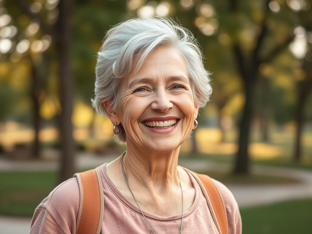 Create a realistic high-resolution photo of a confident and vibrant individual smiling and enjoying life outdoors. The subject should be a middle-aged person with a healthy glow, dressed in casual, comfortable clothing. The background should be a serene park setting with gentle lighting and soft tones, creating a peaceful atmosphere that reflects rejuvenation and vitality.