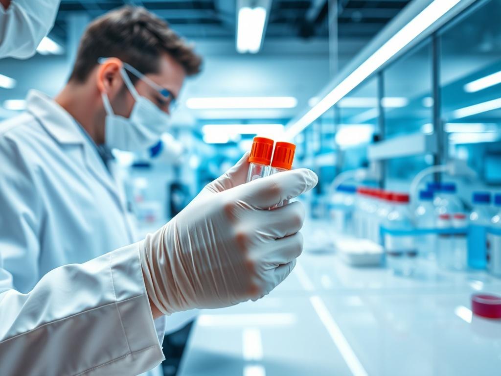 A high-resolution image of a modern laboratory setting, showcasing advanced testing equipment and a lab technician analyzing samples. The focus is on the technician's hands as they handle test tubes, with a clean and organized workspace in the background. The lighting is bright and clinical, reflecting a professional healthcare environment.
