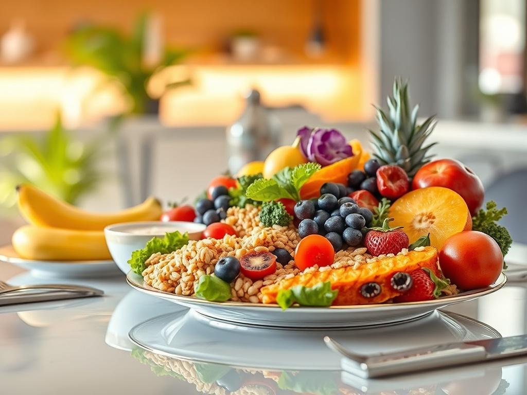 A high-resolution image of a beautifully arranged plate of colorful, nutritious food, including fruits, vegetables, and whole grains on a sleek, modern table setting. The background is softly blurred to emphasize the vibrant food, showcasing a healthy lifestyle. The lighting is bright and inviting, highlighting the freshness of the ingredients, with a mirror-like reflection on the table surface.
