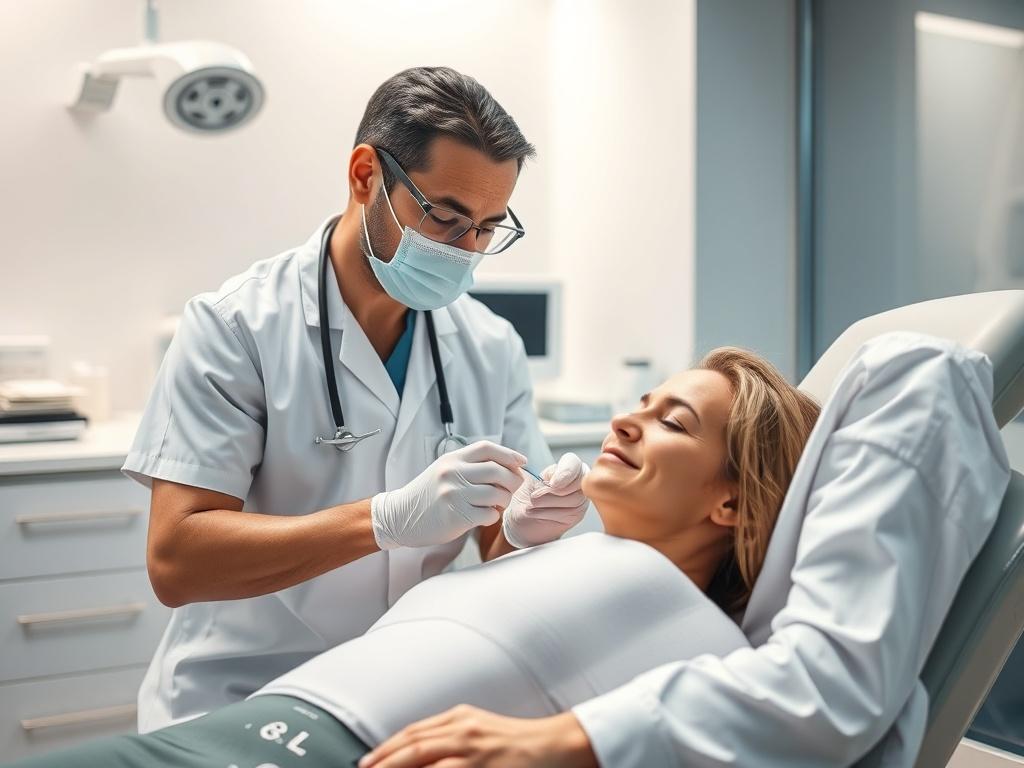 A realistic high-resolution photo of a healthcare professional administering peptide therapy to a patient in a modern clinic. The setting should be clean and bright, featuring a comfortable treatment chair, medical equipment in the background, and a soft light illuminating the scene. The healthcare professional should appear confident and caring, while the patient looks relaxed and hopeful. The overall color palette should harmonize with the primary color rgb(185, 165, 144), with glossy surfaces and luminou