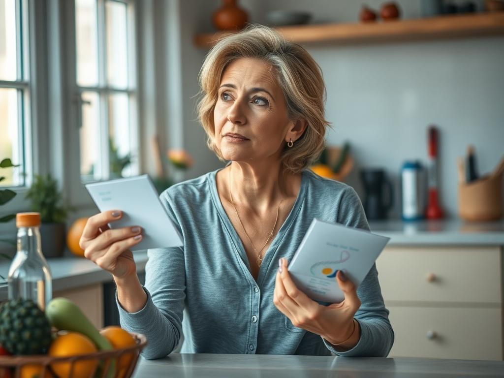 **AI Image Generation Prompt:**

Create a realistic high-resolution photo that captures the essence of midlife transformation, reflecting the theme "Why Your Metabolism Feels Slower After 40 — And Why I Start With DNA (Not Diets)". The composition should be simple and clear, featuring a single subject: a middle-aged woman in a serene indoor setting.

**Subject Matter:**
The woman should exude confidence and vitality, appearing to be in her 40s or 50s. She should be engaged in a moment of reflection, perhaps