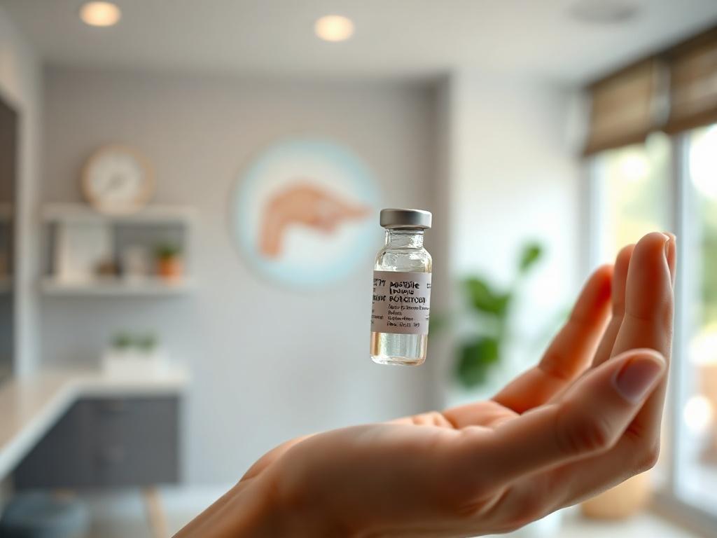 **AI Image Generator Prompt:**

Create a realistic, high-resolution close-up shot of a single human hand gently holding a small, clear vial containing a peptide solution. The hand should appear healthy and youthful, symbolizing vitality and wellness. The focus should be on the vial, with the hand slightly blurred in the background to emphasize the subject. 

In the backdrop, include a soft-focus representation of a medical or health-oriented environment, such as a clean, modern wellness clinic interior, wit