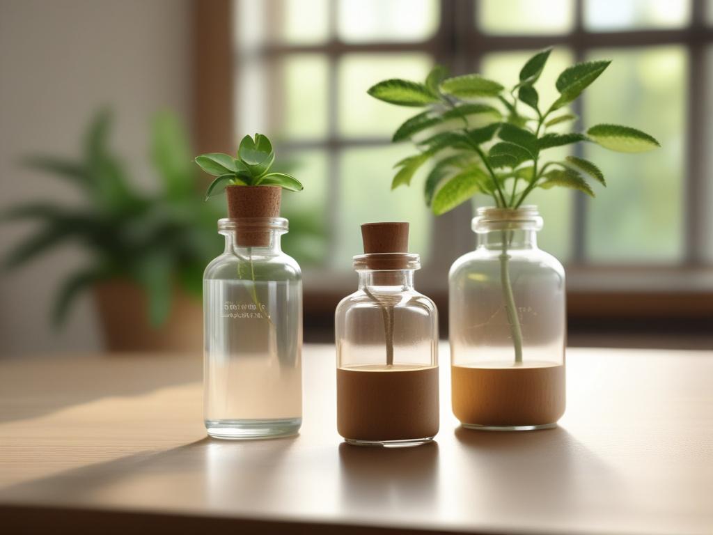 A tranquil setting featuring a wooden table with an array of high-quality supplement bottles displayed neatly. A soft-focus background shows a calming indoor plant and natural light pouring in through a window. The scene conveys a sense of peace and clarity, inviting viewers to explore their wellness options.