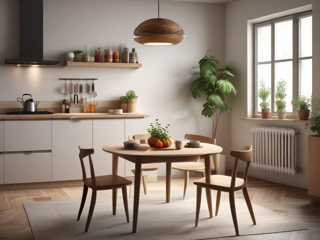 A serene kitchen setting with a wooden dining table, featuring a single, beautifully arranged plate of colorful, healthy food. On the table, a fresh fruit bowl and a small potted plant create a warm atmosphere. The lighting is soft and gentle, casting a peaceful glow over the scene, emphasizing the inviting nature of healthy eating.