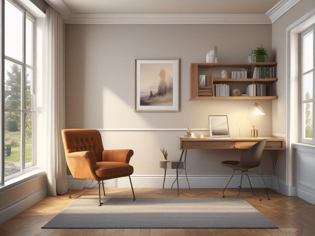 A cozy, inviting office space with a single armchair and a small table, where a notebook and pen rest. Natural light streams through a window, illuminating the room with a warm glow. A calming piece of artwork hangs on the wall, creating a peaceful environment ideal for coaching and personal growth.