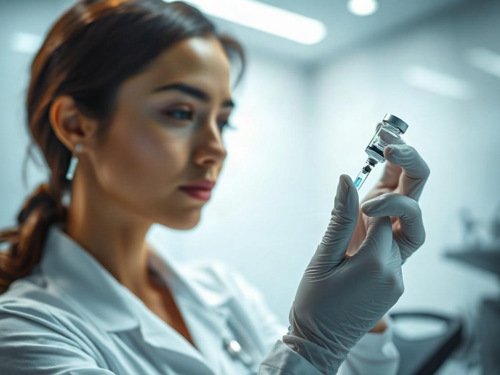 A realistic high-resolution image of a healthcare professional preparing a peptide therapy injection in a clinical setting. The professional is focused and attentive, with a bright, clean background that conveys a sense of care and professionalism. The scene includes high-gloss surfaces and luminous highlights to enhance the modern, rejuvenating feel of the therapy.