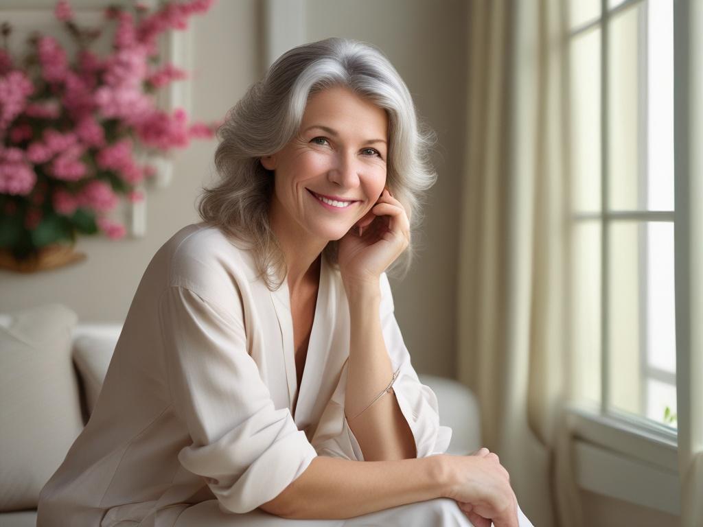 Create a realistic high-resolution photo for a blog titled "Unlocking Youthful Vitality." The composition should feature a single, serene subject: a middle-aged woman with a vibrant, youthful appearance, sitting comfortably in a softly-lit, tranquil indoor setting, surrounded by lush greenery. 

The woman should be engaged in a moment of reflection, perhaps holding a fresh, colorful salad in one hand and a glass of infused water in the other, symbolizing healthy eating and hydration. She should have a warm,