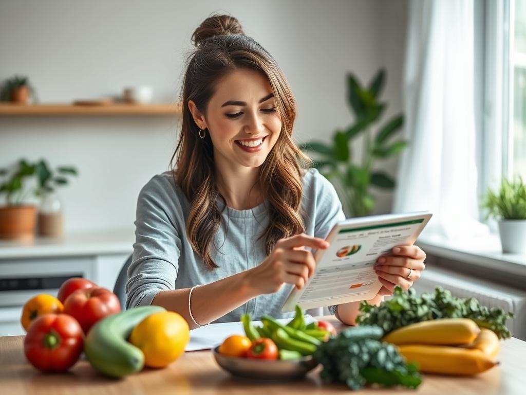 A serene wellness coach, a woman in her 30s with a confident smile, sitting at a peaceful, softly lit kitchen table. She is reviewing a personalized nutrition plan on a tablet while surrounded by fresh fruits and vegetables. The background features soft tones, gentle lighting, and a calm atmosphere with houseplants, creating a warm and inviting environment.