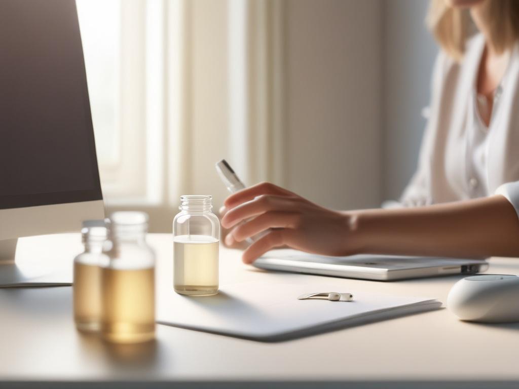 A tranquil workspace with a clean white desk featuring an array of high-quality supplement bottles. Soft lighting casts a gentle glow on the scene, creating a calming atmosphere. In the foreground, a hand gently holds a capsule, emphasizing the personal touch of wellness. The background includes a few green plants, adding a fresh and vibrant element to the setting.