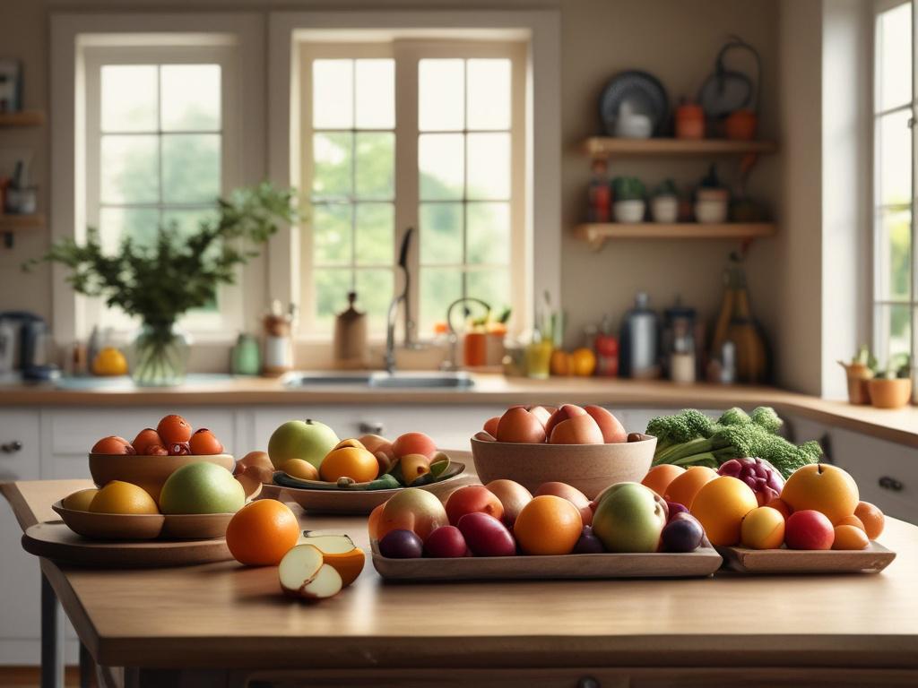 A serene kitchen setting with a wooden table featuring a beautiful spread of fresh fruits and vegetables. Soft natural light streams through a nearby window, creating a warm and inviting atmosphere. The focus is on a colorful plate of sliced fruits arranged artistically. In the background, a gentle blur of herbs in pots adds a touch of greenery, enhancing the peaceful vibe of healthy living.