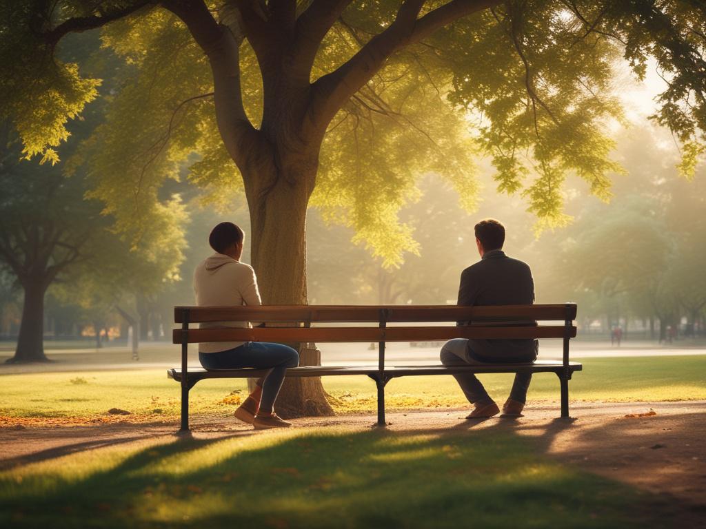 A calm outdoor setting in a park where a person is sitting on a bench, engaged in a thoughtful conversation with a coach. Soft sunlight filters through the leaves above, creating a gentle glow. The focus is on the two individuals, highlighting their engaged expressions. Surrounding greenery and a tranquil path in the background evoke a sense of peace and possibility.