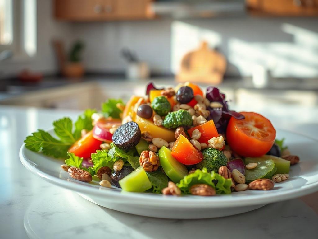 A close-up shot of a vibrant, colorful salad made with fresh organic vegetables, nuts, and seeds, arranged beautifully on a glossy white plate. The background features a softly blurred kitchen setting with natural light streaming in, creating a warm and inviting atmosphere. The focus is on the salad, showcasing the textures and colors of the ingredients vividly, with a shiny surface reflecting light.